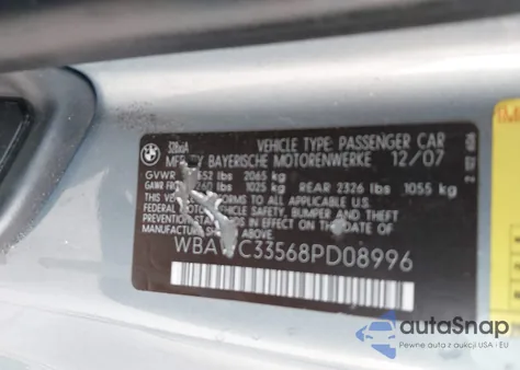 2008 BMW 328Xi из США, поврежденный, VIN WBAWC33568PD08996